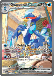 artist_name blue_eyes card_(medium) ceiling character_name closed_mouth company_name copyright_name copyright_notice english_text faucet flower gunjima_souichirou hair_brush looking_at_mirror mirror nintendo official_art pink_flower pink_rose pokemon pokemon_card pokemon_tcg quaquaval quaxwell red_flower red_rose rose sink smile third-party_source toothbrush trading_card vase vent_(object)