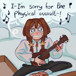1girl black_eyes black_pants blush brown_hair ekoesh english_text highres indoors instrument long_sleeves looking_at_viewer masaki_(mayonaka_punch) mayonaka_punch meme music pants playing_instrument singing sitting solo sweat ukulele ukulele_apology_video_(meme) zipper