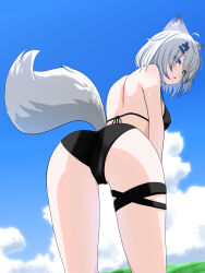 1girl ahoge animal_ear_fluff animal_ears ass ass_focus bent_over bikini black_bikini blue_sky blush breasts cloud day fox_ears fox_girl fox_tail from_behind green_eyes grey_hair hair_ornament heterochromia highres leaning_forward looking_at_viewer looking_back medium_breasts outdoors short_hair sky solo suzuki-shi swimsuit tail thigh_strap vrchat white_hair yawl_(vrchat)