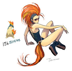 1girl arm_support black_footwear black_one-piece_swimsuit commentary creatures_(company) earrings eyelashes from_side full_body game_freak gen_2_pokemon jewelry looking_at_viewer nintendo one-piece_swimsuit orange_hair personification pokemon quilava red_eyes reference_inset signature simple_background swimsuit tamtamdi translated triangle_earrings white_background