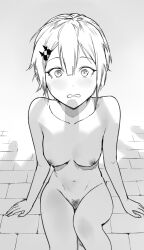 1girl breasts collarbone completely_nude enpix female_pubic_hair from_above hair_between_eyes highres looking_at_viewer navel nipples nude original penis_shadow pubic_hair short_hair sitting small_breasts solo stomach