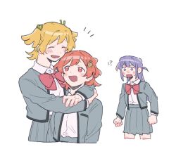Rule 34 | !?, 3girls, :d, aijou karen, arms around neck, arms at sides, blonde hair, blush, bow, bowtie, breast pocket, brown eyes, clenched hands, closed eyes, collared shirt, cropped legs, cropped torso, crown hair ornament, daiba nana, facing another, green ribbon, grey jacket, grey skirt, hair ribbon, hand on own arm, hug, hug from side, jacket, long hair, long sleeves, looking at another, miniskirt, multiple girls, notice lines, open clothes, open jacket, open mouth, pleated skirt, pocket, purple eyes, purple hair, red bow, red bowtie, rei931218, ribbon, school uniform, seishou music academy uniform, shirt, shirt tucked in, short hair, shoujo kageki revue starlight, sidelocks, simple background, skirt, smile, standing, sweatdrop, tsuyuzaki mahiru, two side up, white background, white shirt, wide-eyed