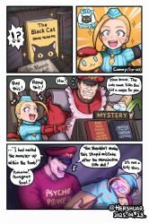Rule 34 | 1boy, 1girl, apron, artist name, bag, baguette, bed, blank eyes, blanket, blonde hair, blue eyes, book, bookstore, bread, cammy white, cat, dated, excited, facial scar, father and daughter, fingerless gloves, food, gloves, grocery bag, hat, hershuar, m. bison, military hat, military uniform, milk carton, nightcap, reading, scar, scar on cheek, scar on face, scared, shop, shopping bag, spring onion, star (symbol), star in eye, street fighter, street fighter 6, stuffed toy, symbol in eye, the raven, trembling, twintails