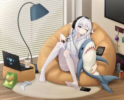 1girl absurdres bean_bag_chair blue_eyes breasts chair collarbone computer controller game_controller gamepad headphones highres hood hoodie ikea_shark laptop legs long_hair mastersprouts one_eye_closed original pantyhose shark sitting small_breasts stuffed_animal stuffed_shark stuffed_toy tablet_pc thighs very_long_hair white_hair white_pantyhose