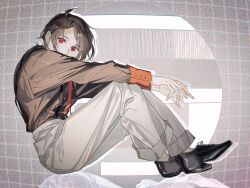 1boy ahoge arm_rest black_shoes black_skirt blurry brown_hair character_request chinese_commentary commentary copyright_request curtained_hair depth_of_field from_side highres long_bangs looking_at_viewer male_focus original pale_skin pants parted_bangs red_eyes shoes short_hair sitting skirt solo static suspenders user_ccrp7744 white_pants