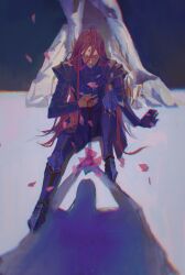 1boy absurdres against_rock armor blood blood_drip blood_from_mouth chinese_commentary closed_eyes commentary_request full_armor full_body ghost406 hair_between_eyes highres imminent_murder injury knee_up long_hair lord_of_the_mysteries male_focus medici_(lord_of_the_mysteries) night night_sky outdoors petals red_hair rock shadow sitting sky solo straight_hair thick_eyebrows very_long_hair