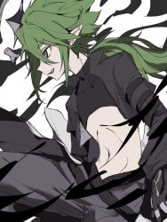 1boy aotu_world black_gloves black_jacket black_pants black_shirt chinese_commentary crop_top fang from_side gloves green_hair groin hair_between_eyes halo highres jacket lingshidebingmingweileiananleileika long_hair long_sleeves low_ponytail male_focus midriff multicolored_eyes navel open_clothes open_jacket open_mouth pants pointy_ears ponytail profile red_eyes shirt simple_background smile solo stomach teeth white_background xander_(aotu_world) yellow_eyes