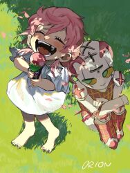 1girl 1other aged_down barefoot blush child closed_eyes colored_sclera commentary commentary_request crossed_arms dress food from_above grass green_eyes highres holding holding_food holding_ice_cream ice_cream ice_cream_cone jojo_no_kimyou_na_bouken looking_at_another open_mouth orion_on_rio outdoors petals pink_hair sitting smile spice_girl_(stand) stand_(jojo) standing teeth trish_una vento_aureo white_dress yellow_sclera
