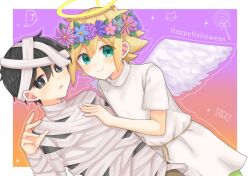 2boys angel antenna_hair basil_(faraway)_(omori) basil_(omori) black_eyes black_hair black_shirt bright_pupils brown_shorts closed_mouth fake_halo fake_wings flower halloween_costume halo happy_halloween head_wreath highres male_focus multiple_boys omori parted_lips ryo_pen17 shirt short_hair short_sleeves shorts sunny_(omori) t-shirt white_pupils wings