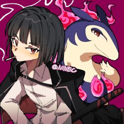 Rule 34 | 1girl, artist name, black hair, black jacket, cigarette, collared shirt, crossover, fire, gen 2 pokemon, hisuian typhlosion, jacket, jacket on shoulders, limbus company, looking at viewer, nintendo, pink fire, pokemon, pokemon (creature), project moon, qiluge, red eyes, ryoshu (project moon), sheath, shirt, smoke, smoking, typhlosion, white shirt