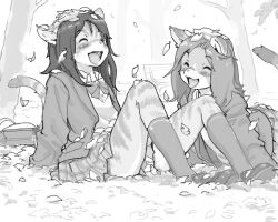 2girls autumn autumn_leaves bench body_fur cat_girl closed_eyes falling_leaves fangs full_body furry furry_female greyscale kikurage_(crayon_arts) kneehighs knees_up leaf long_hair monochrome multiple_girls original outdoors park park_bench school_uniform sitting skirt socks sweater_vest tail