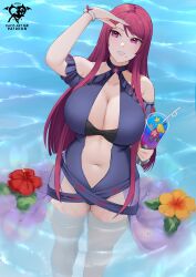 1girl absurdres artist_logo artist_name bare_shoulders blue_one-piece_swimsuit breasts casual_one-piece_swimsuit cleavage clothing_cutout cup dress_swimsuit drinking_straw fire_emblem fire_emblem_engage fire_emblem_heroes flower highres holding holding_cup huge_breasts ivy_(fire_emblem) ivy_(summer)_(fire_emblem) kaos_art logo long_hair mole mole_under_mouth navel nintendo ocean official_alternate_costume one-piece_swimsuit outdoors partially_submerged patreon_username purple_eyes purple_hair solo stomach stomach_cutout swimsuit teeth very_long_hair water