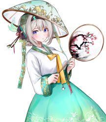 1girl absurdres alternate_costume aqua_skirt black_bow black_headband blush bow breasts commentary_request dana_(hapong07) firefly_(honkai:_star_rail) grey_hair hair_bow hair_ornament hand_fan headband headwear_request high-waist_skirt highres holding holding_fan honkai:_star_rail honkai_(series) large_breasts looking_at_viewer parted_lips purple_eyes shirt simple_background skirt solo white_background white_shirt