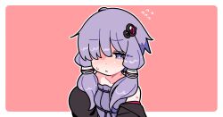 1girl bare_shoulders black_jacket blush border closed_mouth collarbone dress hair_ornament hair_over_one_eye ini_(inunabe00) jacket looking_at_viewer open_clothes open_jacket outline outside_border portrait purple_dress purple_eyes purple_hair red_background short_hair_with_long_locks sidelocks simple_background solo strapless strapless_dress sweat vocaloid voiceroid white_border white_outline yuzuki_yukari