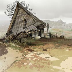 1girl abandoned bare_tree bonnet building capelet commentary dilapidated english_commentary grass highres hill maojinlee original outdoors overcast scenery sky solo tree white_capelet
