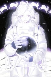 2boys absurdres aotsuki_eito astronaut glasses highres holding looking_at_viewer male_focus multiple_boys night night_sky open_mouth parted_hair parted_lips pink_eyes rabbit sky smile solo_focus space_suit spacesuit star_(sky) sumino_takumi the_hundred_line_-last_defense_academy- white_hair