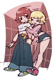 2girls blonde_hair bracelet breasts brown_eyes commentary crop_top cropped_shirt denim eye_contact freckles hair_ornament hairclip highres jeans jewelry kim_pine lisa_miller looking_at_another midriff multiple_girls open_mouth pants red_hair scott_pilgrim_(comics) scott_pilgrim_(series) scott_pilgrim_takes_off shirt shoes short_hair shorts smile sneakers symbol-only_commentary tetsu_(teppei) white_shirt