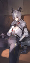 1girl absurdres adjusting_clothes adjusting_necktie armband black_armband black_choker black_gloves black_horns black_pants black_tail breasts can choker collared_shirt commentary couch curled_horns demon_tail drink_can gloves grey_hair hair_between_eyes high-waist_pants highres holding holding_can horns indoors large_breasts leo795 long_hair looking_at_viewer multicolored_hair necktie on_couch one_eye_closed pants parted_lips red_eyes shirt shirt_tucked_in sitting solo streaked_hair tail white_shirt wuthering_waves zani_(wuthering_waves)