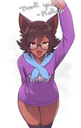 1boy animal_ear_fluff animal_ears arm_up brown_hair cowboy_shot dark-skinned_male dark_skin fang glasses heart highres looking_at_viewer male_focus mokotoko9 orange_eyes original print_sweater purple_sweater semi-rimless_eyewear short_hair simple_background smile solo sweater thank_you thighs trap white_background wide_hips