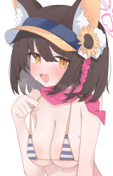 1girl absurdres animal_ears bikini blue_archive blue_bikini breasts brown_hair fox_ears fox_girl gu_meng_yin halo highres izuna_(blue_archive) izuna_(swimsuit)_(blue_archive) large_breasts looking_at_viewer open_mouth orange_eyes pink_halo pink_scarf scarf short_hair simple_background solo striped_bikini striped_clothes swimsuit upper_body visor_cap white_background