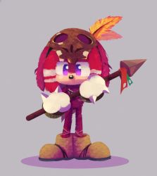 1boy absurdres aged_down animal_nose body_fur brown_shoes child feathers full_body furry furry_male gloves grey_background hand_up highres holding holding_polearm holding_spear holding_weapon jewelry knuckles_the_echidna looking_at_viewer male_focus mask mask_on_head medium_hair multicolored_hair necklace no_mouth polearm purple_eyes red_fur red_hair rosynightd shoes sidelocks simple_background skull_mask solo sonic_(live_action) sonic_(series) sonic_the_hedgehog_2_(film) spear spikes standing straight-on tribal two-tone_fur two-tone_hair weapon white_gloves white_hair yellow_fur