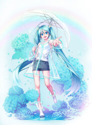 1girl ahoge alternate_costume blue_eyes blue_flower blue_hair boots camisole commentary flower hair_between_eyes hatsune_miku highres holding holding_umbrella hydrangea leg_up long_hair looking_at_viewer nishinomiya_sakuko open_mouth puddle rainbow raincoat reaching reaching_towards_viewer see-through_clothes see-through_raincoat shorts smile solo transparent transparent_umbrella twintails umbrella very_long_hair vocaloid water white_boots white_camisole
