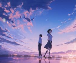 1boy 1girl absurdres backlighting belt black_hair black_pants blurry blurry_foreground city cloud cloudy_sky commentary crescent_moon dawn english_commentary from_behind from_below full_body hair_between_eyes highres loafers medium_hair moon non-circular_lens_flare o-bana on_roof original pants pleated_skirt scenery school_uniform serafuku shirt shoes skirt sky standing white_shirt white_shoes