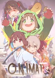 +_+ 6+girls :d absurdres black_hair blue_hair brown_eyes brown_hair c: claw_pose colored_inner_hair commentary copyright_name dinosaur_costume drooling english_commentary fang food fujimi_nemu ghost green_eyes hair_bun hair_ornament hair_ribbon hair_stick hairclip highres hozuki_kaede hozuki_momiji japanese_clothes kaai_yuu katana kimono kunai light_blush long_sleeves mixed-language_commentary multicolored_hair multiple_girls murosaki_miyo oka_asahi onii-chan_wa_oshimai! open_mouth oyama_mahiro oyama_mihari pink_hair purple_hair red_hair red_ribbon ribbon serious short_hair smile sword taiyaki test_tube twintails two-tone_hair v-shaped_eyebrows wagashi weapon wide_sleeves zipper_pull_tab zzz