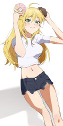 1girl absurdres ahoge arms_up blonde_hair closed_mouth cropped_shirt donut food green_eyes highres holding holding_donut holding_food hoshii_miki idolmaster idolmaster_(classic) katsu_(kana) long_hair looking_at_viewer midriff navel shirt short_shorts short_sleeves shorts simple_background solo torn_clothes torn_shorts white_background white_shirt