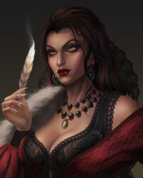 1girl black_bra black_hair bra breasts cleavage earrings feathers fingernails grey_background highres holding holding_feather jewelry kota8898 large_breasts long_fingernails long_hair mole mole_above_mouth necklace orange_eyes philippa_eilhart portrait red_lips sharp_fingernails solo the_witcher_(series) underwear white_nails