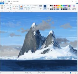 above_clouds art_program_in_frame blue_sky christian_young cloud cloudy_sky commentary landscape microsoft_paint_(medium) microsoft_paint_(software) mountaintop no_humans original outdoors painterly scenery screencap sky snow
