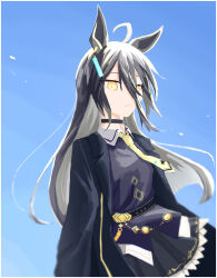 1girl absurdres ahoge animal_ears belt black_belt black_choker black_coat black_hair black_skirt blue_sky choker closed_mouth coat collared_shirt ear_tag earrings gentil_uma_suki hair_between_eyes highres horse_ears horse_girl jewelry light_frown long_bangs long_hair long_hair_between_eyes manhattan_cafe_(umamusume) multicolored_hair necktie open_clothes open_coat pleated_skirt shirt single_earring skirt sky solo umamusume very_long_hair white_hair yellow_eyes yellow_necktie