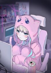 Rule 34 | 1girl, absurdres, alternate costume, ame-chan (needy girl overdose), animal costume, animal hood, blonde hair, blue eyes, blue hair, blunt bangs, can, chair, character doll, character figure, chouzetsusaikawa tenshi-chan, closed mouth, computer, computer keyboard, doll, drink can, emoji, figure, gradient hair, highres, hood, hood up, hoodie, indoors, long hair, monitor, monster energy, multicolored hair, needy girl overdose, on chair, pien cat (needy girl overdose), pink hair, pink hoodie, pleading face emoji, ushioreo, watching