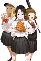3girls :d absurdres ball baseball_(object) baseball_bat blonde_hair blue_skirt bow bowtie breast_pocket brown_eyes brown_hair closed_mouth collared_shirt commentary_request forehead highres himemiya_yuki holding holding_ball holding_baseball_bat ichinose_karina long_sleeves looking_at_another looking_at_viewer manemane_nichinichi multiple_girls nagisa_akane necktie official_art open_mouth pleated_skirt pocket profile red_bow red_bowtie red_necktie school_uniform shirt short_hair short_sleeves short_twintails sidelocks simple_background skirt smile standing twintails white_background white_shirt yamamoto_souichirou