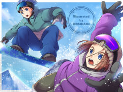 Rule 34 | 2boys, alternate costume, aqua coat, arm up, artist name, beanie, black gloves, black shirt, blue-tinted eyewear, blue eyes, blue hair, blue pants, blue sky, border, brown hair, camus (dq11), coat, commentary request, dragon quest, dragon quest xi, falling, floating clothes, floating hair, gloves, goggles, goggles on head, goggles on headwear, green pants, grey shoes, hat, hero (dq11), koshi (meermisa), looking down, male focus, medium hair, multicolored coat, multiple boys, open mouth, pants, pixiv id, purple-tinted eyewear, purple coat, shirt, shoes, short hair, sky, snow, snow goggles, snowboard, snowboarding, spiked hair, sweatdrop, tinted eyewear, twitter username, two-tone coat, two-tone gloves, watermark, white border, white coat, white gloves