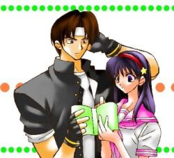 1boy 1girl asamiya_athena brown_hair headband idol kusanagi_kyou psycho_soldier purple_eyes purple_hair reading reading_together school_uniform snk the_king_of_fighters white_headband
