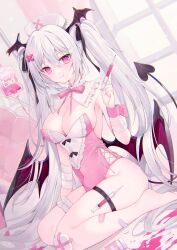 Rule 34 | 1girl, absurdres, bare shoulders, black tail, black wings, blood, blood bag, breasts, cleavage, commentary, demon girl, demon tail, demon wings, full body, hat, head wings, highres, holding, holding syringe, indoors, kneeling, kooriais, large breasts, leotard, long hair, low wings, multiple wings, nurse cap, on bed, original, pink blood, pink hair, pink leotard, solo, symbol-only commentary, syringe, tail, twintails, very long hair, white hair, wind, wings