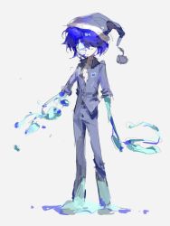 1boy blue_hair blue_hat blue_pants blue_shirt body_horror chinese_commentary closed_mouth commentary_request full_body grey_background hat highres nightcap original pants partially_unbuttoned shirt short_hair simple_background sketch solo vihua6