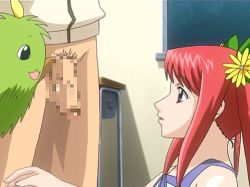 00s aikawa_moe animated animated_gif asaki_takayuki blue_eyes censored choisuji classroom erection flower hair_flower hair_ornament hand_puppet lowres penis puppet red_hair school surprised teacher