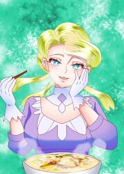1girl blonde_hair blue_eyes bowl breasts creatures_(company) detached_collar dress game_freak glacia_(pokemon) gloves head_rest highres large_breasts long_hair low-cut nintendo pokemon pokemon_oras purple_dress quad_tails rice_bowl three-quarter_sleeves solo tyobi_2002 upper_body white_gloves
