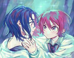 1boy 1girl amate_yuzuriha aqua_eyes aqua_shirt blue_hair blush closed_mouth collared_shirt colored_inner_hair gundam gundam_gquuuuuux highres holding long_sleeves multicolored_hair necktie open_mouth purple_hair red_eyes red_hair school_uniform shimazu. shirt short_hair shuji_ito sweater two-tone_hair white_shirt zeknova