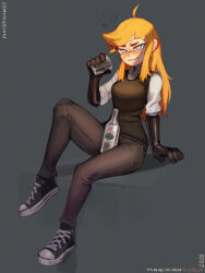 Rule 34 | 1girl, arm support, black-framed eyewear, black bodysuit, black pants, black shoes, black sweater vest, blush, bodysuit, bodysuit under clothes, borrowed character, breasts, closed mouth, collared shirt, commission, cup, drinking glass, drunk, full body, glasses, highres, holding, holding cup, large breasts, latex, latex bodysuit, looking at viewer, maridiansnack, original, pants, round eyewear, shirt, shoes, short sleeves, shot glass, sitting, sneakers, solo, sweater vest, white shirt