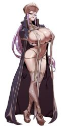 1girl arms_under_breasts black_cape breast_curtains breasts cape collared_cape earrings elbow_gloves eyelashes fishnet_thighhighs fishnets full_body gloves green_eyes hair_between_eyes hashtag-only_commentary hat high_heels huge_breasts jewelry lips long_breast_curtain long_hair mitre navel parted_lips pelvic_curtain platform_heels platform_sandals priestess purple_hair revealing_clothes sandals serious sideboob simple_background solo stomach tensei_colosseum:_saijaku_skill_de_saikyou_no_onna-tachi_wo_kouryaku_shite_dorei_harem_tsukurimasu thighhighs thighs very_long_hair white_background white_gloves zayd zunta