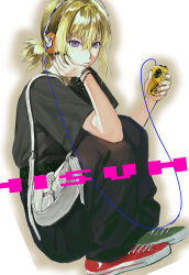 Rule 34 | 1girl, :/, absurdres, asymmetrical footwear, bag, bang dream!, bang dream! it&#039;s mygo!!!!!, belt, black nails, black pants, black shirt, blonde hair, bracelet, character name, commentary, crossed bangs, elbow on knee, elbow rest, fingernails, full body, green belt, green shoes, hair between eyes, hand on own cheek, hand on own face, hands up, head rest, headphones, highres, holding, jewelry, looking at viewer, mismatched footwear, misumi uika, object request, official alternate costume, outer glow, pants, ponytail, purple eyes, rainbow hose, red shoes, shirt, shoes, short ponytail, short sleeves, shoulder bag, sidelocks, sneakers, solo, squatting, three quarter view, white background, white bag