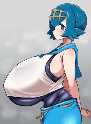 1girl alternate_breast_size blue_pants breasts bright_pupils detritus gigantic_breasts gold_hairband hairband lana_(pokemon) nintendo no_sclera one-piece_swimsuit pants pokemon pokemon_sm solo swimsuit swimsuit_under_clothes white_pupils yellow_hairband