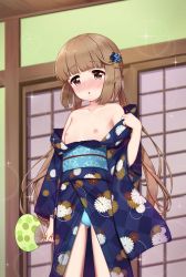 1girl blue_panties blush brown_eyes brown_hair fan female_focus flat_chest hair_ornament highres idolmaster idolmaster_cinderella_girls japanese_clothes kamer71372 kimono loli nipples obi off_shoulder panties print_kimono sash short_hair_with_long_locks sliding_doors solo standing twintails underwear yorita_yoshino