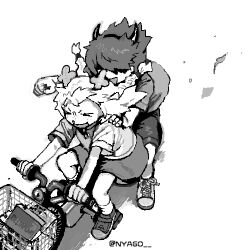 1girl 1other aged_down ankle_socks antlers bare_arms bicycle bicycle_basket book bookmark braid child circle_skirt copyright_name deltarune floating_clothes floating_hair freckles furry furry_female greyscale hair_over_eyes happy highres horn_hairband horns kris_(deltarune) leaf long_hair low_twin_braids miniskirt monochrome nas_u noelle_holiday open_mouth reindeer_antlers reindeer_girl riding riding_bicycle shadow shirt shoes short_sleeves shorts simple_background skirt smile sneakers socks sweat t-shirt twin_braids twitter_username very_long_hair white_background