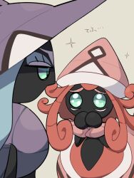 a-nya aqua_eyes black_skin blue_hair colored_skin commentary_request curly_hair gen_7_pokemon grey_background hands_up highres jitome legendary_pokemon long_hair looking_at_another nintendo no_mouth pink_hair pleading_eyes pokemon pokemon_(creature) pokemon_focus profile simple_background star_(symbol) tapu_fini tapu_lele translation_request upper_body