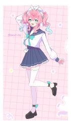 1girl alternate_costume amaebi0709 aqua_eyes black_shoes blue_sailor_collar blue_skirt bright_pupils full_body highres honkai:_star_rail honkai_(series) hyacine_(honkai:_star_rail) open_mouth pink_hair sailor_collar shirt shoes skirt smile solo thighhighs twitter_username white_pupils white_shirt white_thighhighs