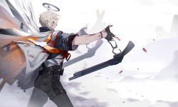1boy angel_wings arknights black_gloves black_pants blood blood_on_clothes blood_on_face blood_on_hands cowboy_shot executor_(arknights) fingerless_gloves gloves gun halo holding holding_weapon jacket male_focus mechanical_halo mtk_(souko) pants shirt short_hair shotgun solo weapon white_hair wings